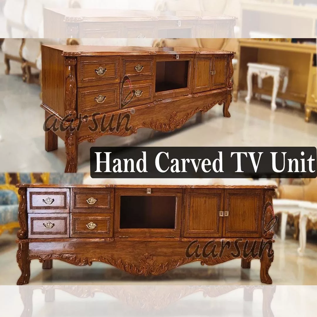 HandCarved LED TV Unit Wooden TV Console