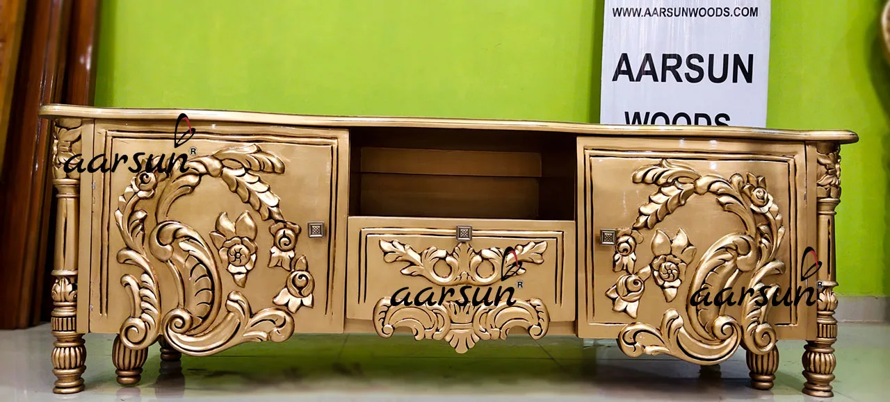 Royal Gold Hand Carved TV Unit Console view 4
